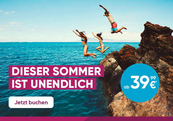 Drei Freund:innen springen ins Meer. Jetzt FlÃ¼ge finden.